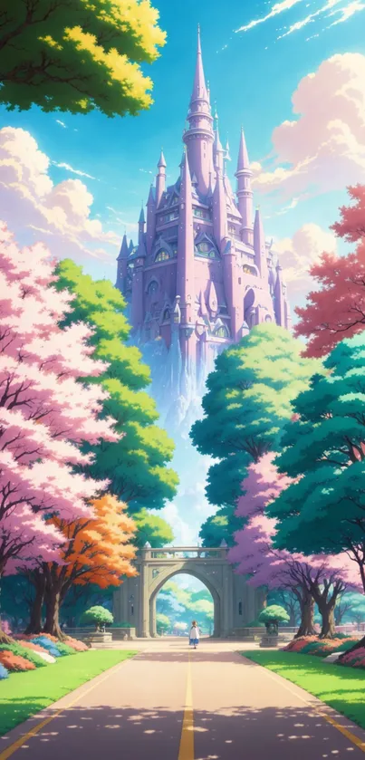 Magical castle surrounded by colorful trees and pink blossoms.