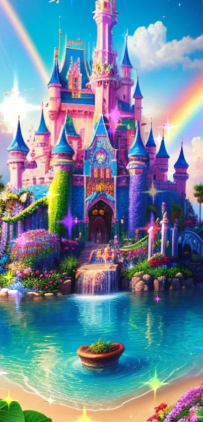 A colorful fantasy castle with rainbows and tropical scenery in a vibrant setting.
