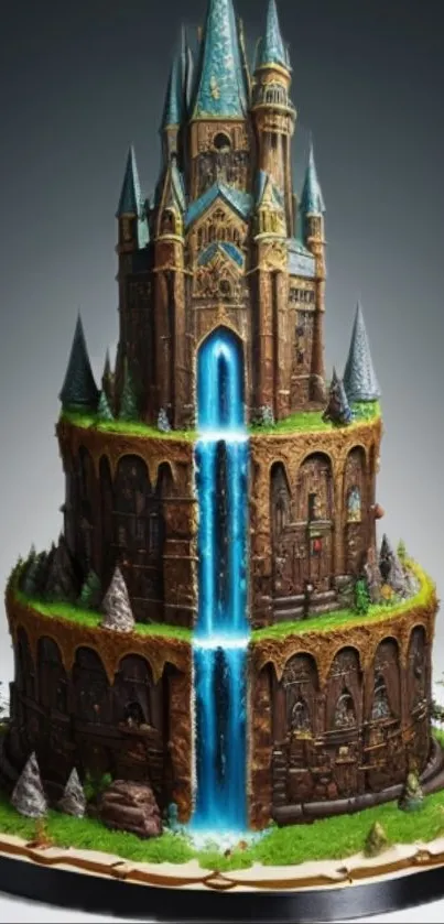 Enchanting fantasy castle with waterfall backdrop.