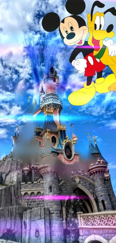 Fantasy castle with characters in a majestic sky background.