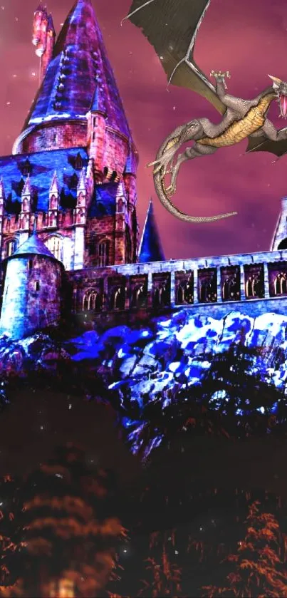 Fantasy wallpaper with castle and flying dragon over a mystical sky.