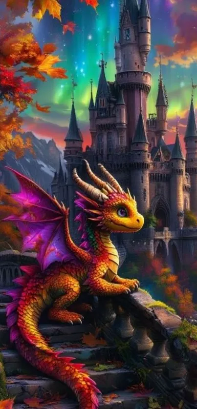 A colorful dragon in front of a majestic castle with aurora lights.