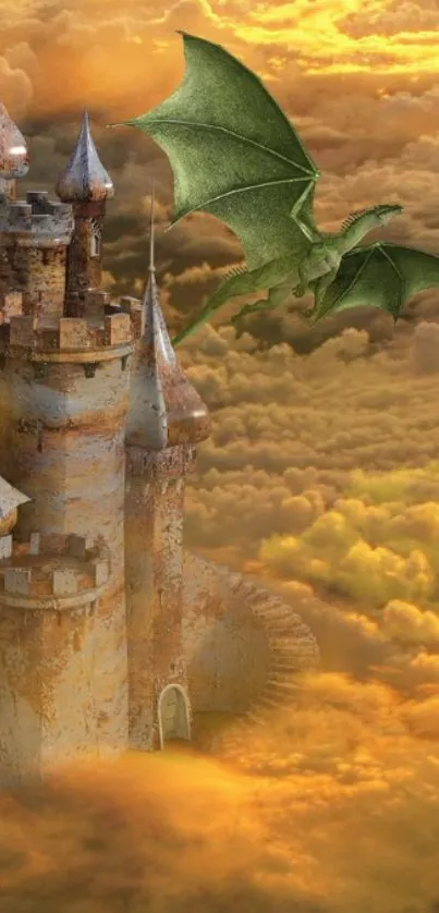 Fantasy scene with dragon and castle in the clouds, perfect for mobile wallpaper.