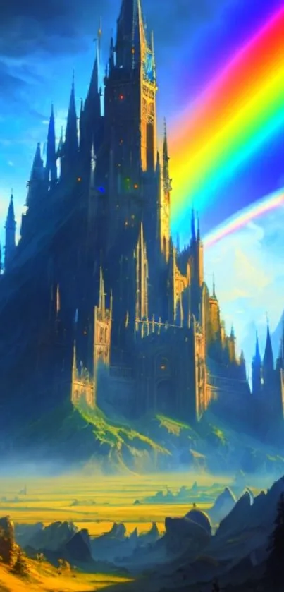 Enchanting castle with rainbow in fantasy landscape.