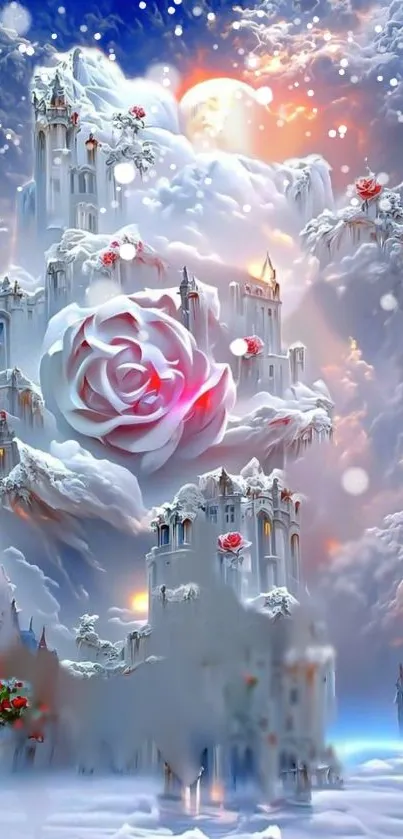 Fantasy castle with roses in snowy landscape.