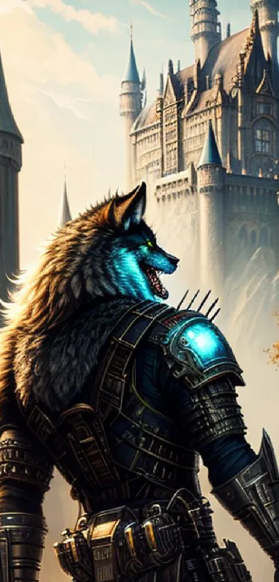 Fantasy wolf in armor with a castle backdrop, perfect for mobile wallpaper.