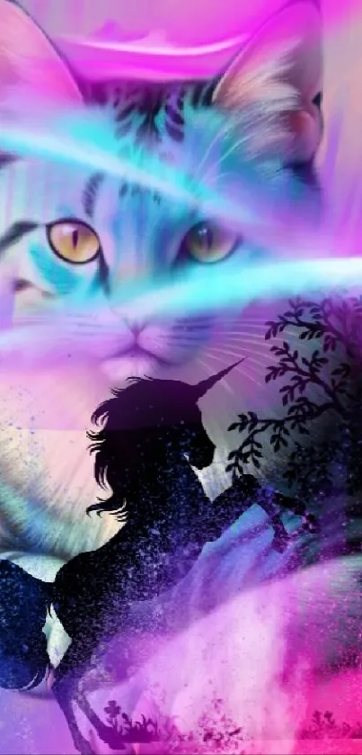 Vibrant fantasy wallpaper featuring a cat and unicorn in a purple and pink scene.