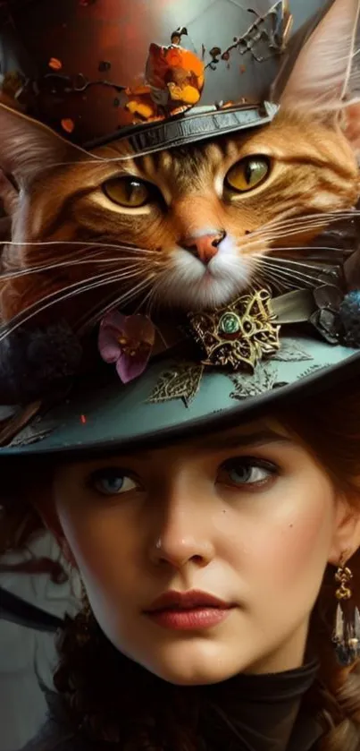 Fantasy art wallpaper of a woman wearing a hat adorned with a cat's face.