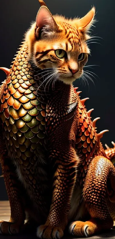 Fantasy art of a cat-dragon hybrid with scales and vibrant colors.