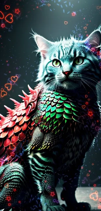 Fantasy cat with dragon scales wallpaper, showcasing a colorful mystical design.