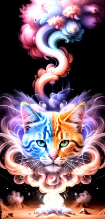 Colorful fantasy cat explosion on black background, vibrant mobile wallpaper.