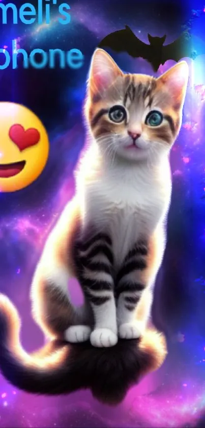 Fantasy cat in a colorful galaxy with heart-eye emoji and bat silhouette.