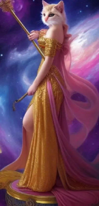 Fantasy art of cat in regal gown amidst a vibrant cosmic backdrop.