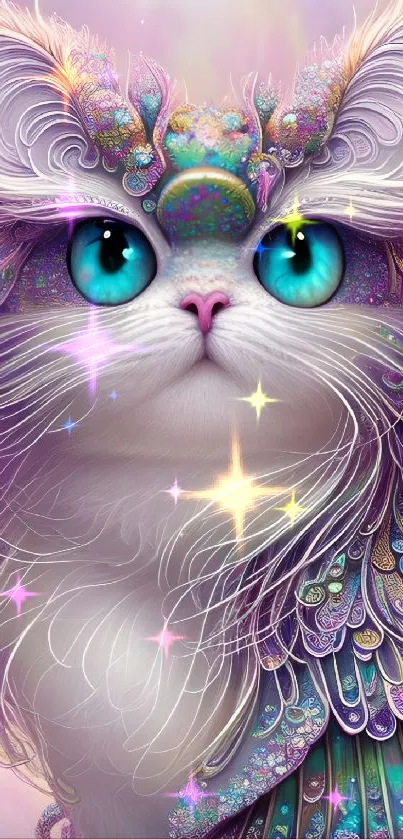 Fantasy cat with blue eyes and colorful patterns in digital art style.