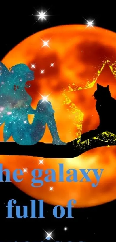 Whimsical cat silhouette and fairy with orange moon on a black background.