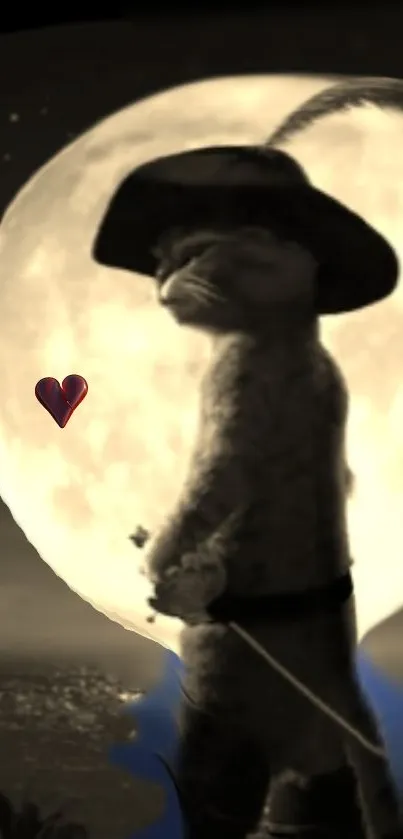 Silhouette of a cat with a hat in front of a glowing moon, creating a mystical scene.