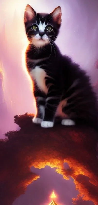 Fantasy cat on a glowing landscape with mystical orange and purple hues.