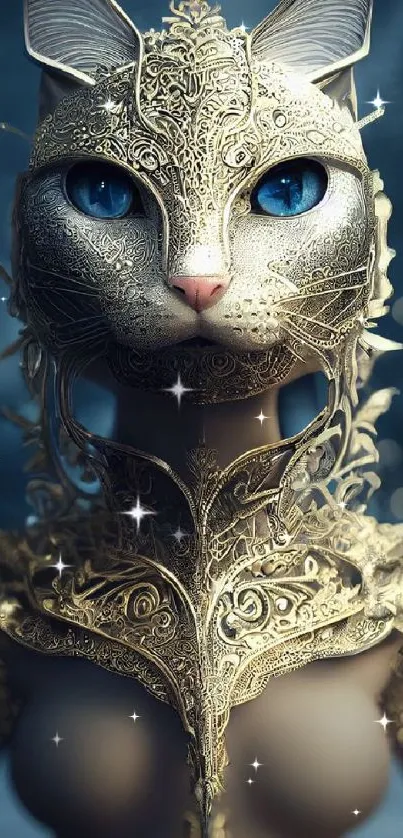 Fantasy cat warrior with blue eyes and golden armor.