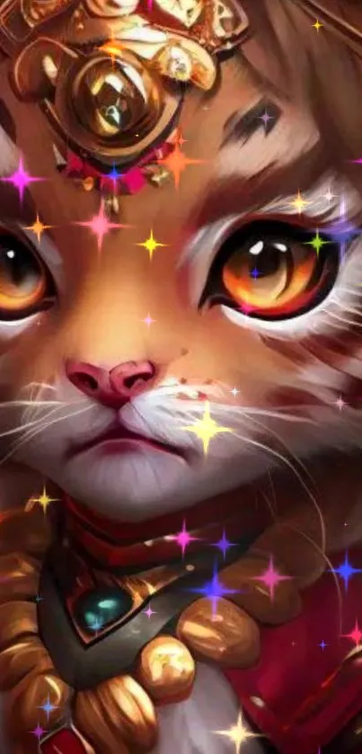 Fantasy feline warrior with vibrant colors and sparkles.