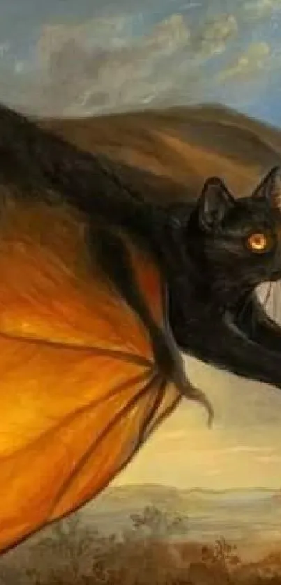 Black cat with bat wings flying through fantasy sky.