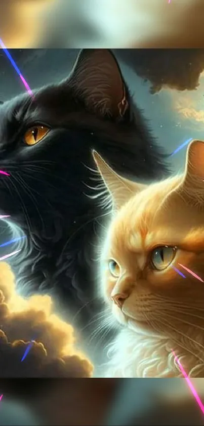 Fantasy cats in a mystical sky with neon lights and clouds.