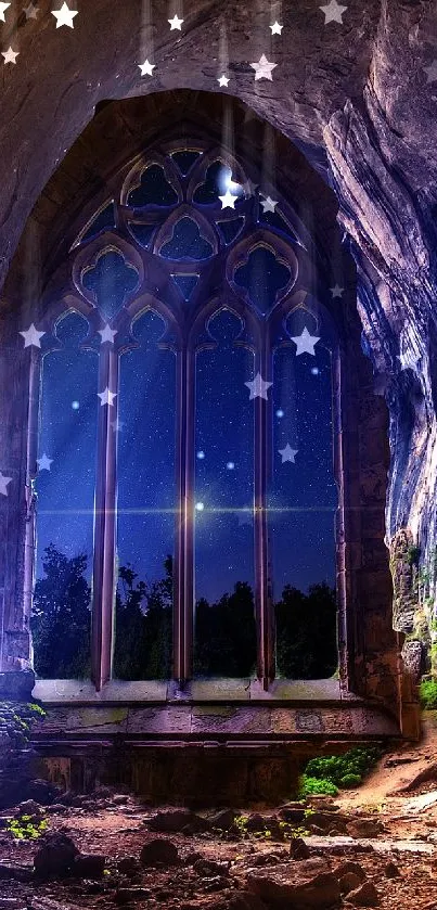 Fantasy cave with gothic window under starry night sky.