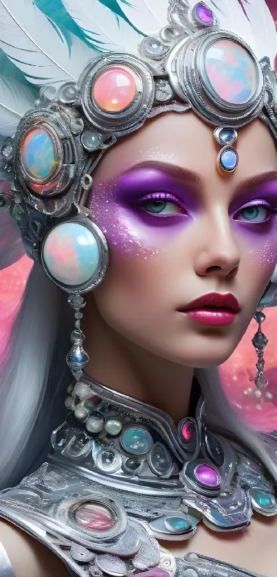 Fantasy celestial princess with opalescent gems and feathers.