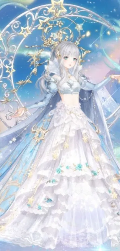 Fantasy princess in a celestial setting with stars and colors.