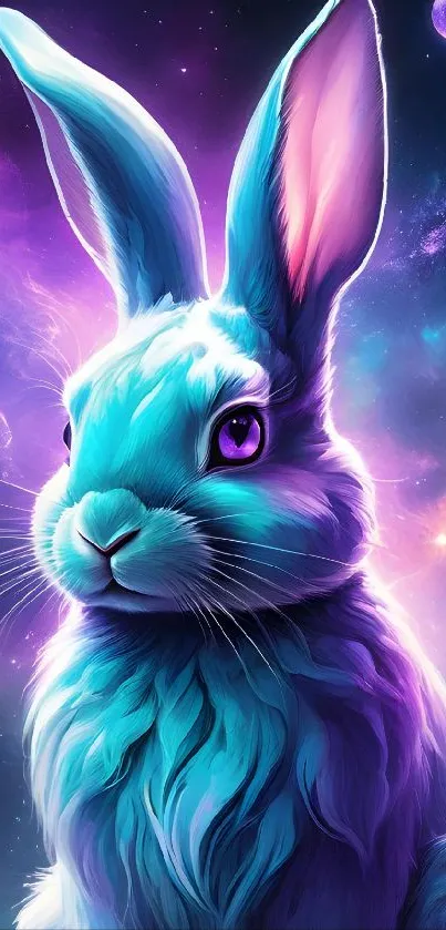 A vibrant celestial rabbit in a cosmic setting with glowing colors.