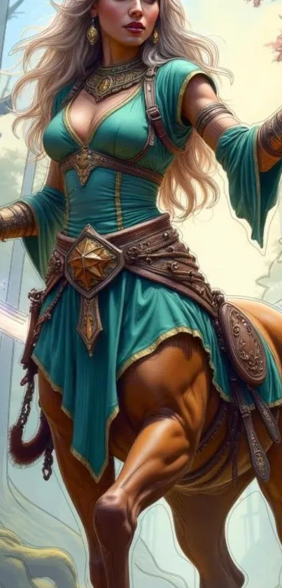 Majestic centaur in a fantasy forest setting, exuding mystical charm.