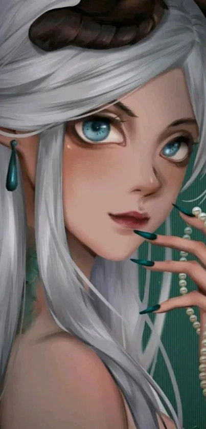 Fantasy character with white hair and teal eyes holding pearls.