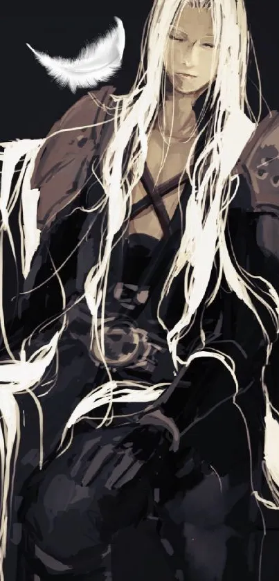 Dark fantasy character with long white hair and feather in black attire.