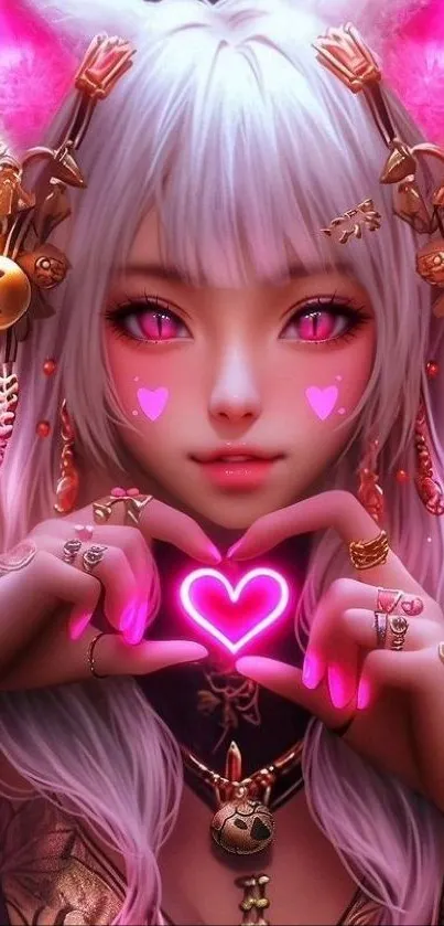 Fantasy character with pink heart symbol, glowing accents, intricate details.