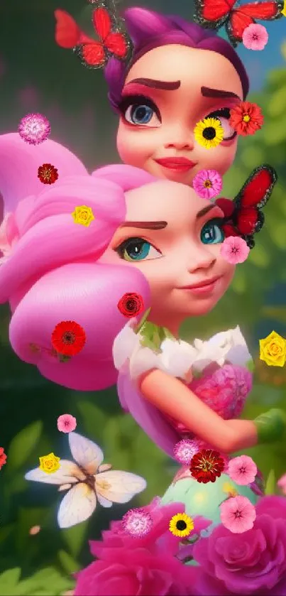 Fantasy characters with pink flowers and butterflies in vibrant art.