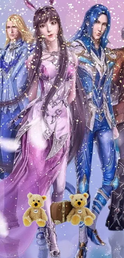 Fantasy characters in vibrant costumes on a pink and blue background.