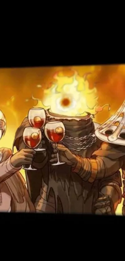 Fantasy characters toasting with fiery background.