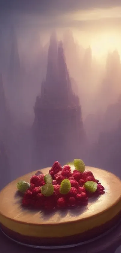 Cheesecake atop a fantasy mountain landscape with purple hues.
