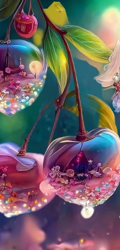 Enchanting fantasy cherries with blossoms and fairies glowing in pastel colors.