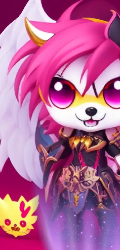 Vibrant fantasy chibi character with pink hair, wings, and armor.