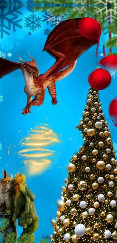 Majestic dragon flying over a decorated Christmas tree with vibrant blue background.