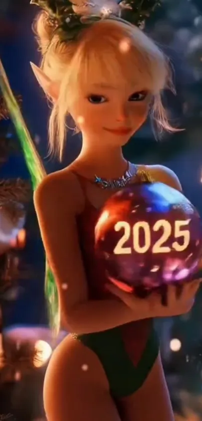 Fantasy elf holding a festive 2025 ornament with holiday setting.