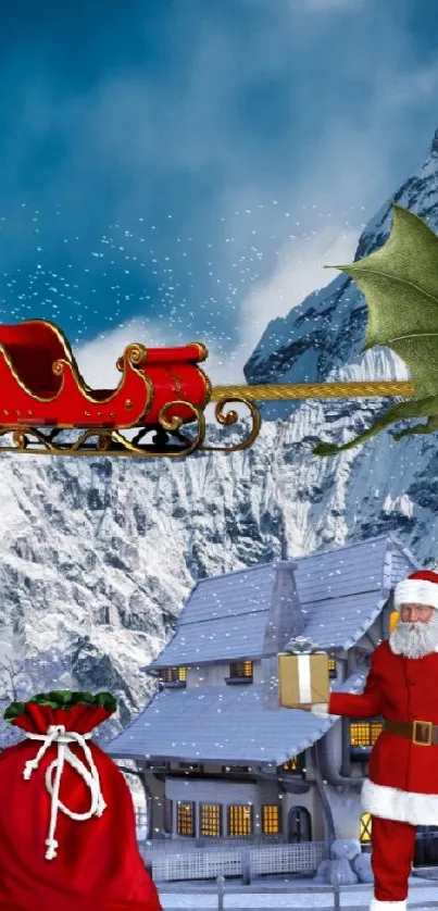 Santa with sleigh and dragon over snowy mountains.