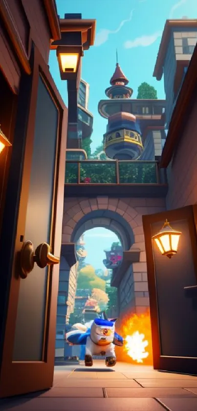 Hero running in colorful fantasy city alley with open doors and lanterns.