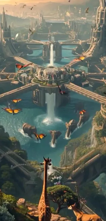 Fantasy cityscape with wildlife and futuristic architecture.