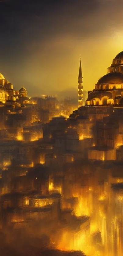 Mystical fantasy cityscape at night with golden light and elegant domes.