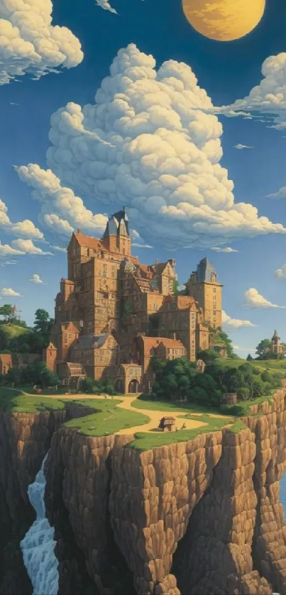 Fantasy castle perched on a cliff under a vibrant sky.