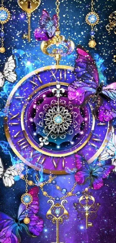 Fantasy clock with butterflies and keys on a cosmic background wallpaper.