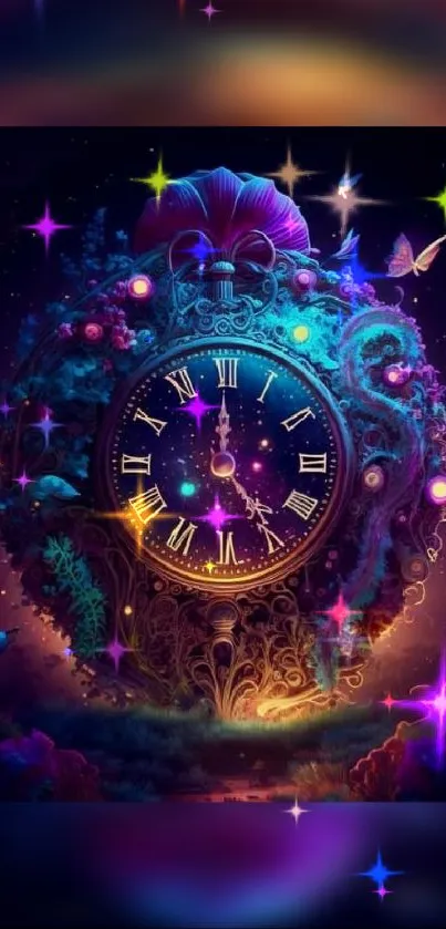 Vibrant fantasy clock in mystical forest with colorful enchantment.