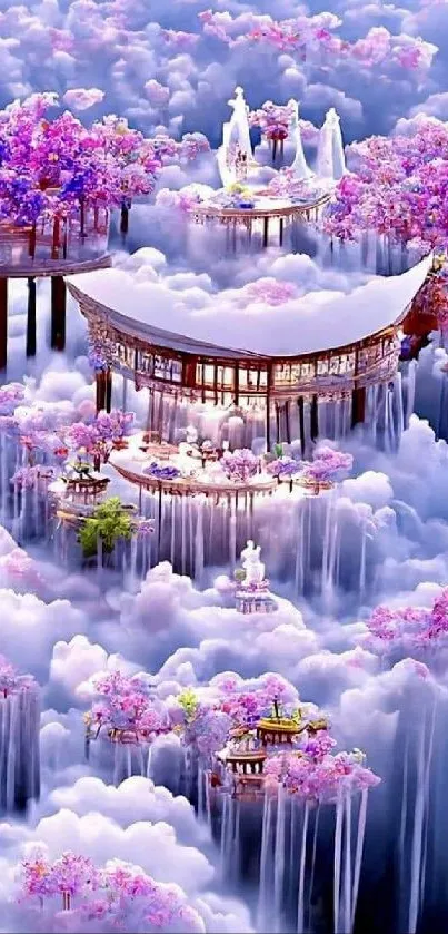 Fantasy cloud cityscape with pink trees.