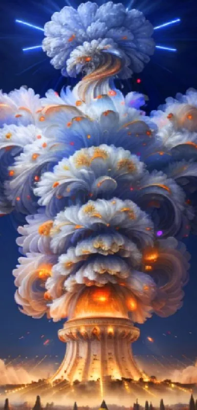 Fantasy artwork of a cloud explosion over a cityscape with vibrant colors.